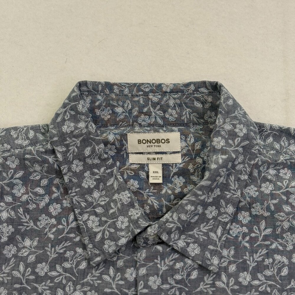 Bonobos Men’s White Leaf Floral Rose Hawaiian Shirt Slim Fit Gray 2XL / XXL